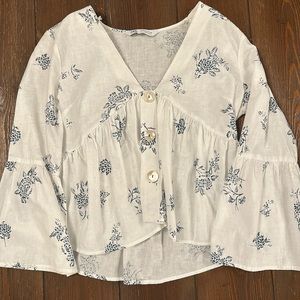 Zara White and Blue Cotton Blouse Size M